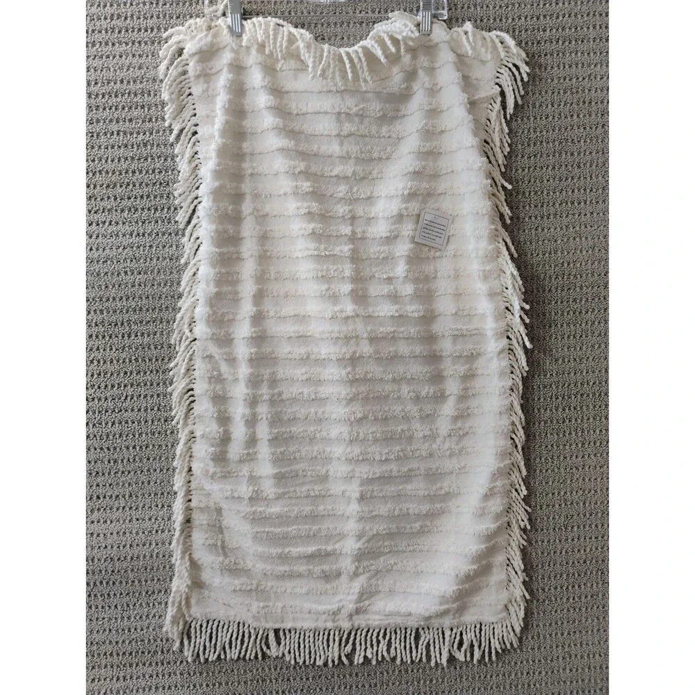 White Chenille Striped Fringed King Pillow Sham 19x35